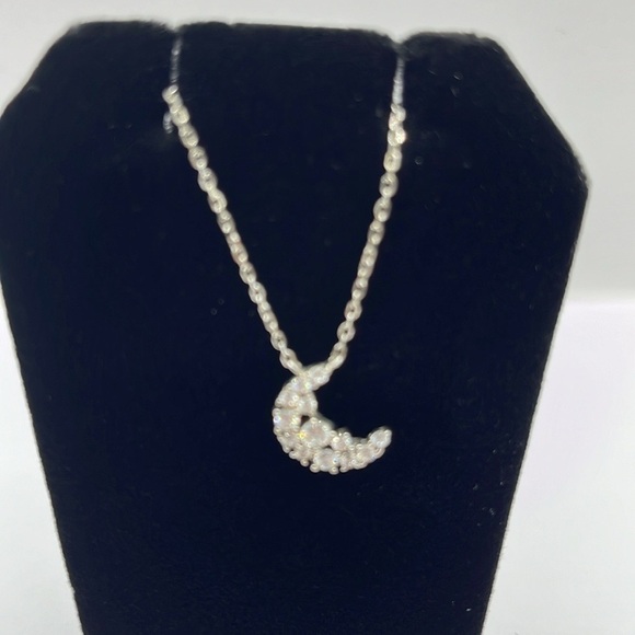 Vtg Rhinestone Cresent Moon Pendent/ Necklace. 925 Sterling Silver 17” necklace - Picture 4 of 13